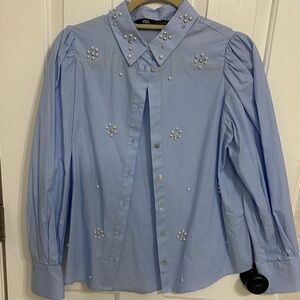 Zara Light Blue Shirt with Pearl Details